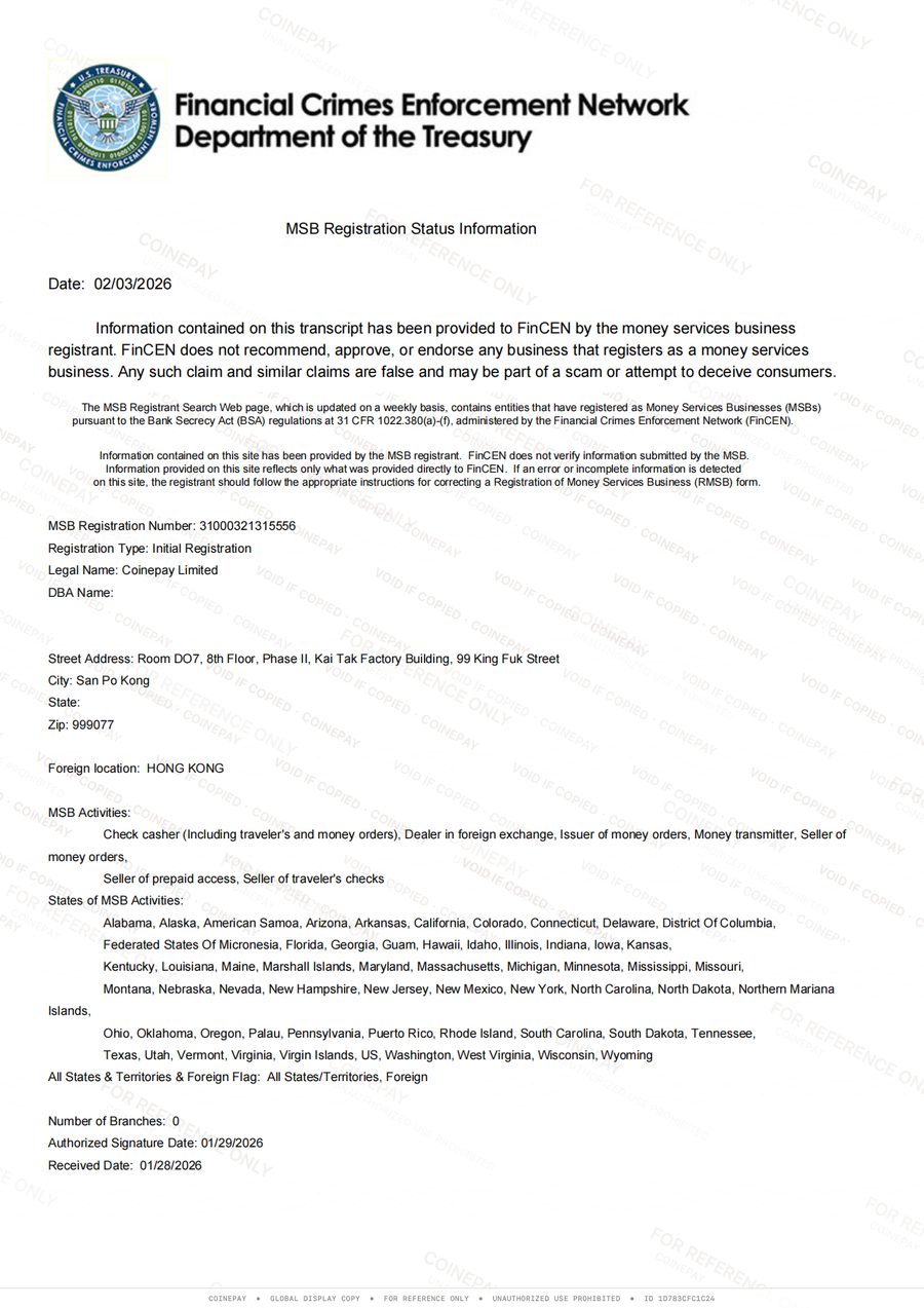 Coinepay Limited FinCEN MSB 登記證明